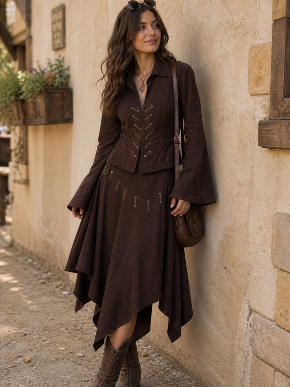 Vintage‎ Brown Faux Suede Jacket & Skirt Set Renaissance Festival Steampunk